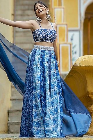 cream & blue organza floral lehenga set