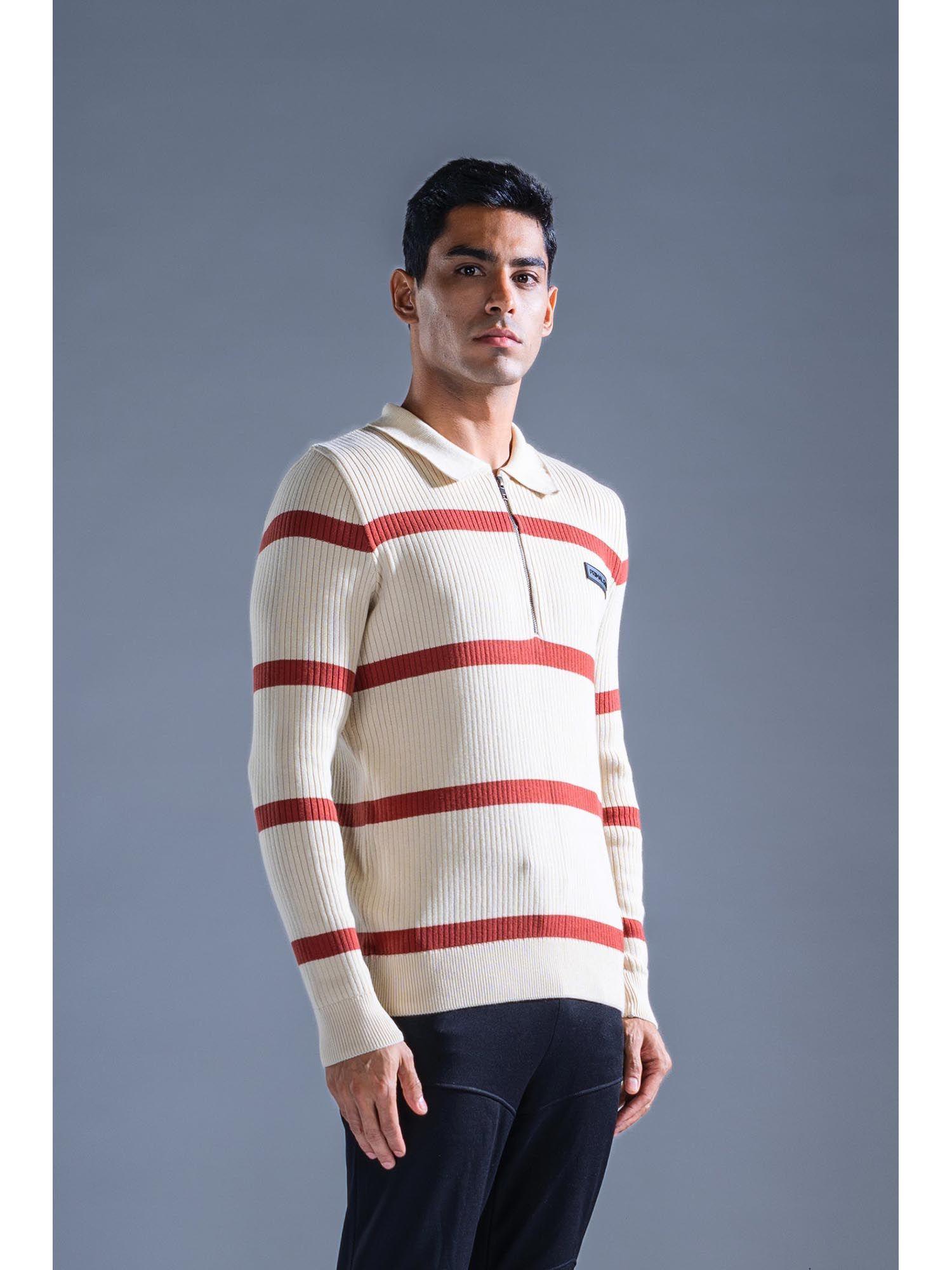 cream & brick cotton knit sweater polo neck pull over