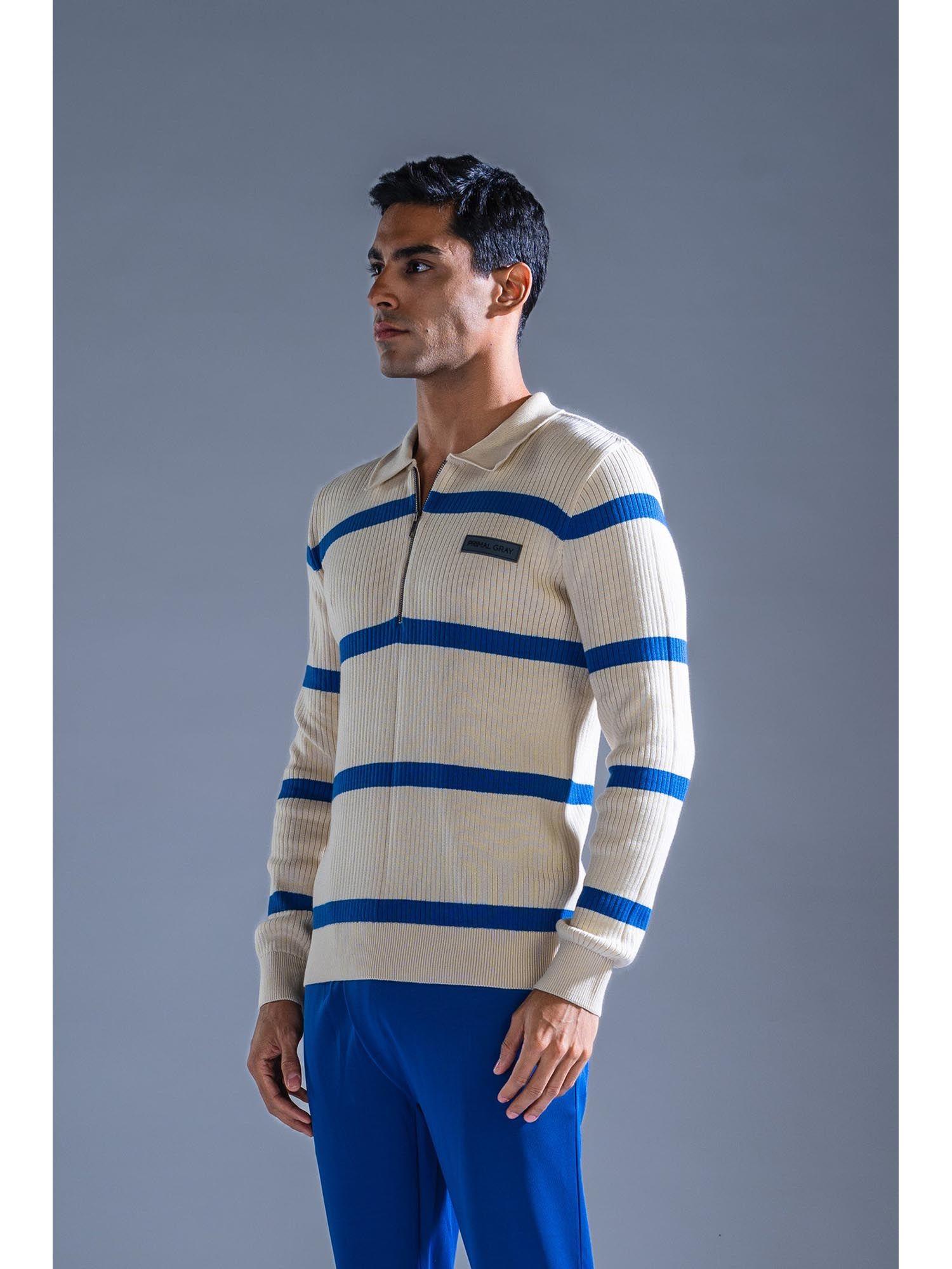 cream & cobalt blue cotton knit sweater polo neck pull over