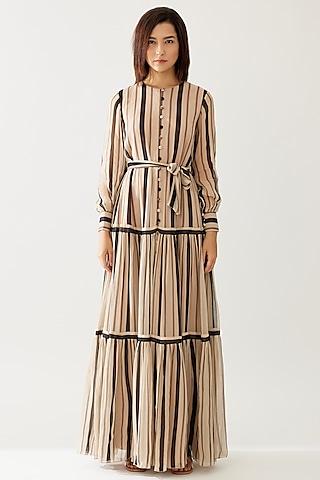 cream & dark brown chiffon striped maxi shirt dress