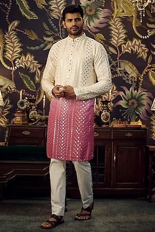 cream & fuchsia ombre silk mirror work kurta