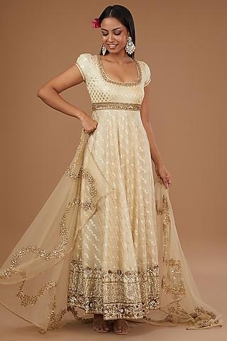 cream & gold brocade chanderi embroidered anarkali set