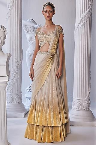 cream & gold pleated gold foil lycra draped double-layered lehenga set