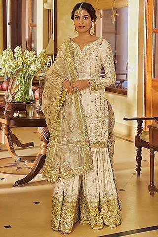 cream & gold silk thread embroidered gharara set