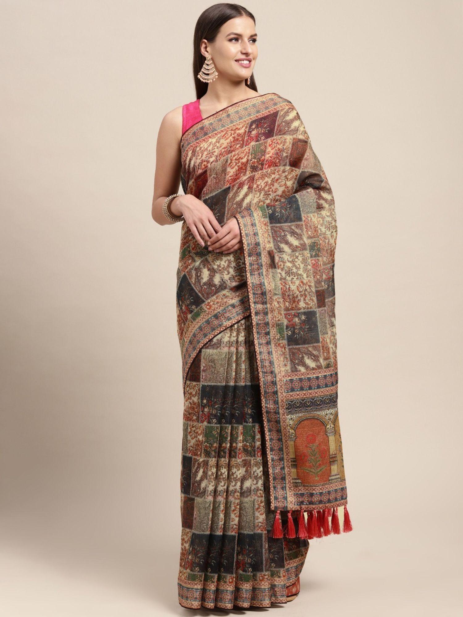 cream & multicoloured kalamkari linen blend block print saree with unstitched blouse