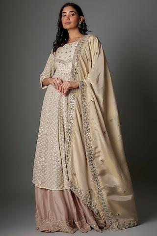 cream & nude pink georgette sequin embellished anarkali set