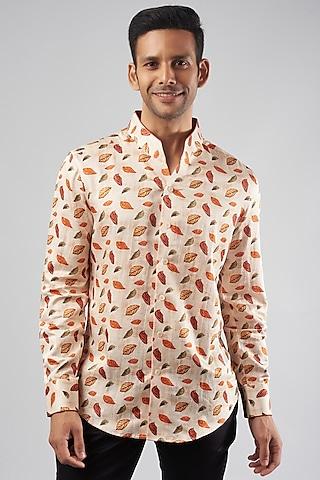 cream & red linen silk digital printed shirt