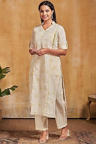 cream & yellow embroidered kurta set