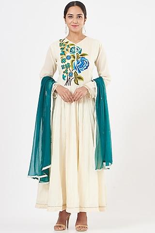 cream anarkali set with embroidery