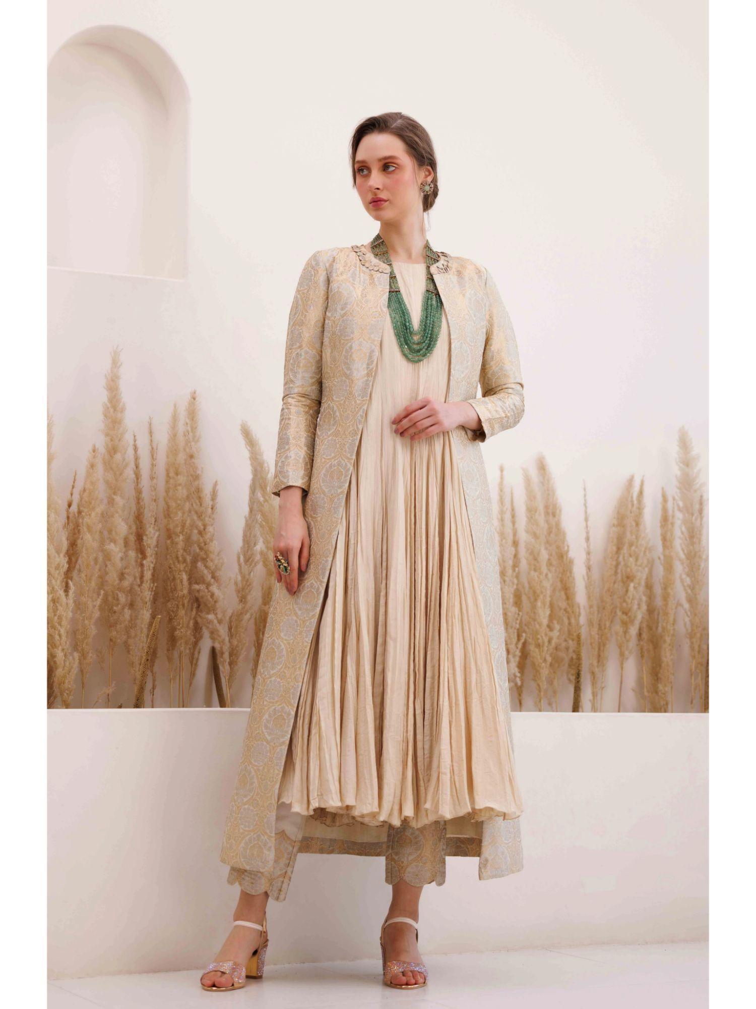 cream anarkali with churidar and jacket (set of 3)