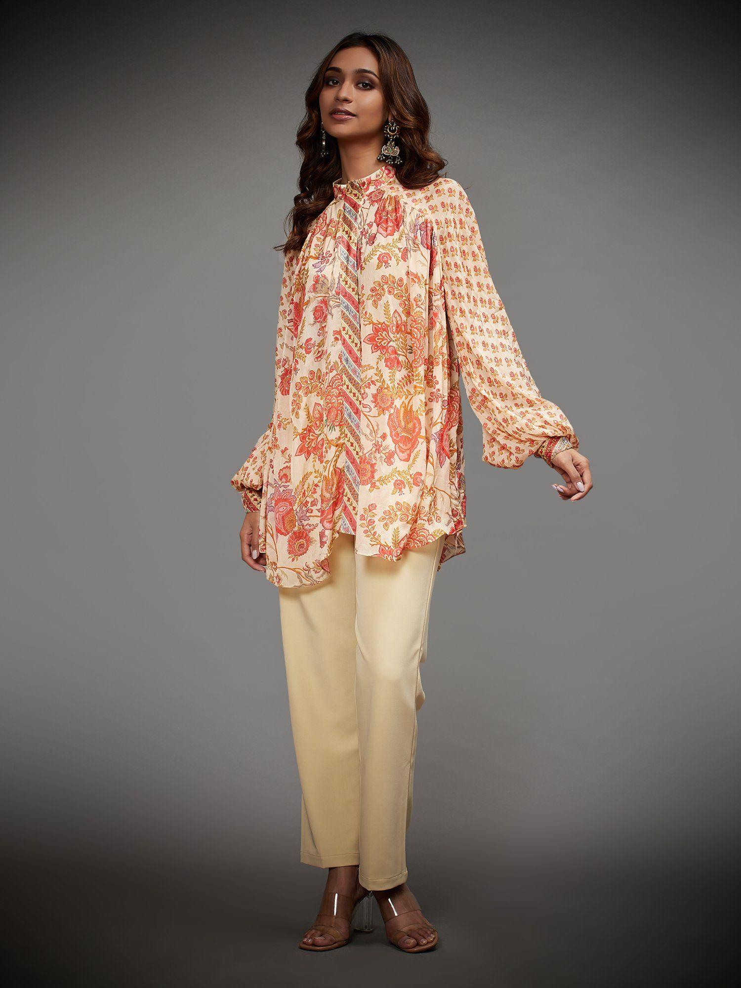 cream and coral navina printed kurti