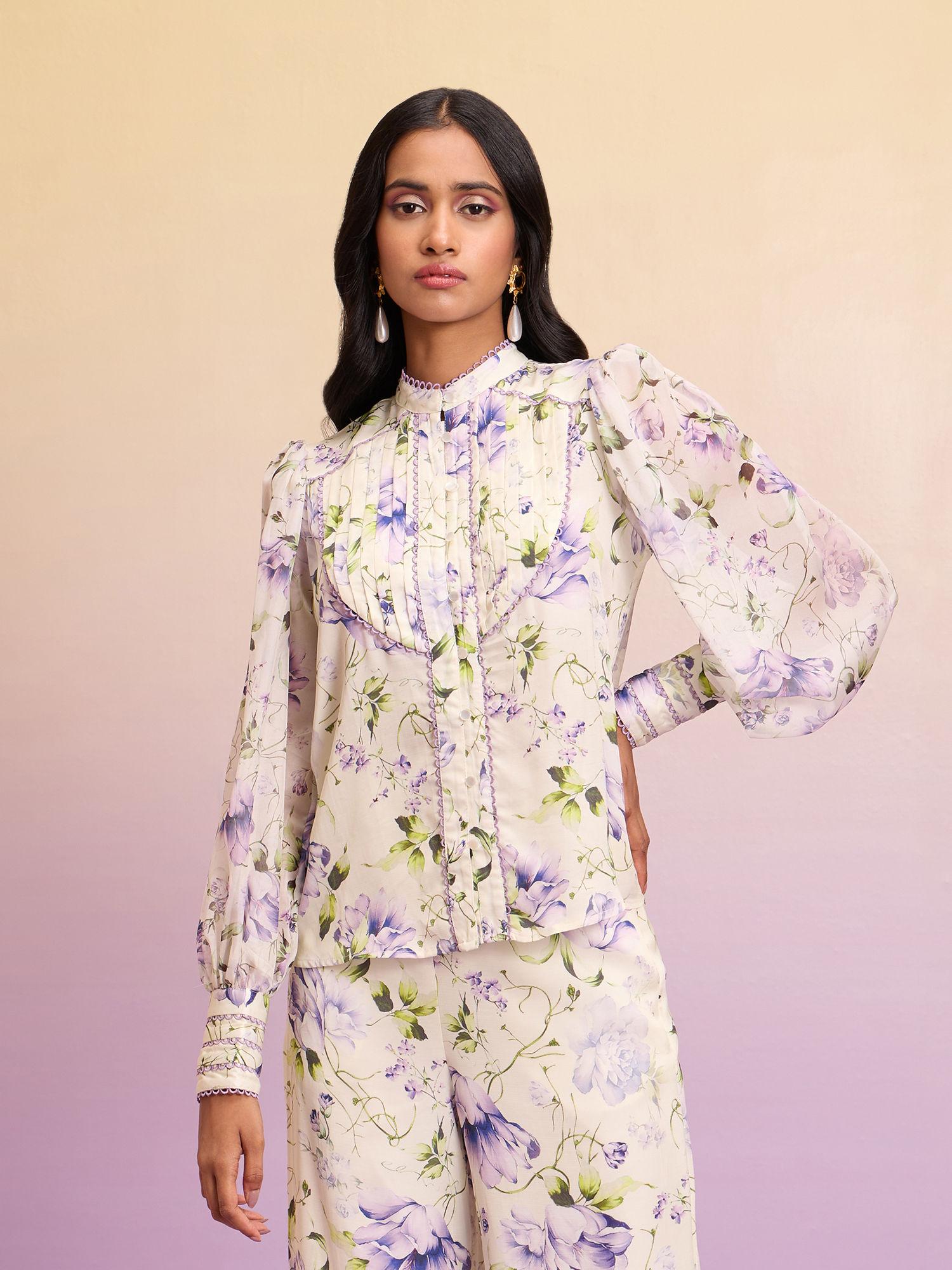 cream and lilac floral print pleated mandarin collar shirt