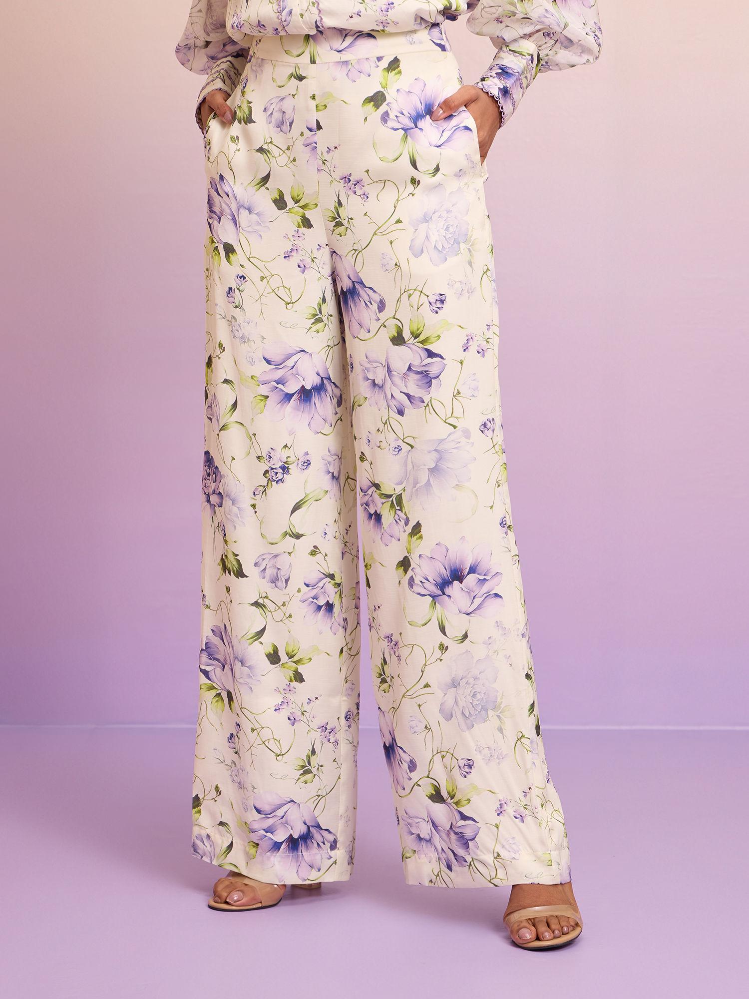 cream and lilac high rise straight fit pants
