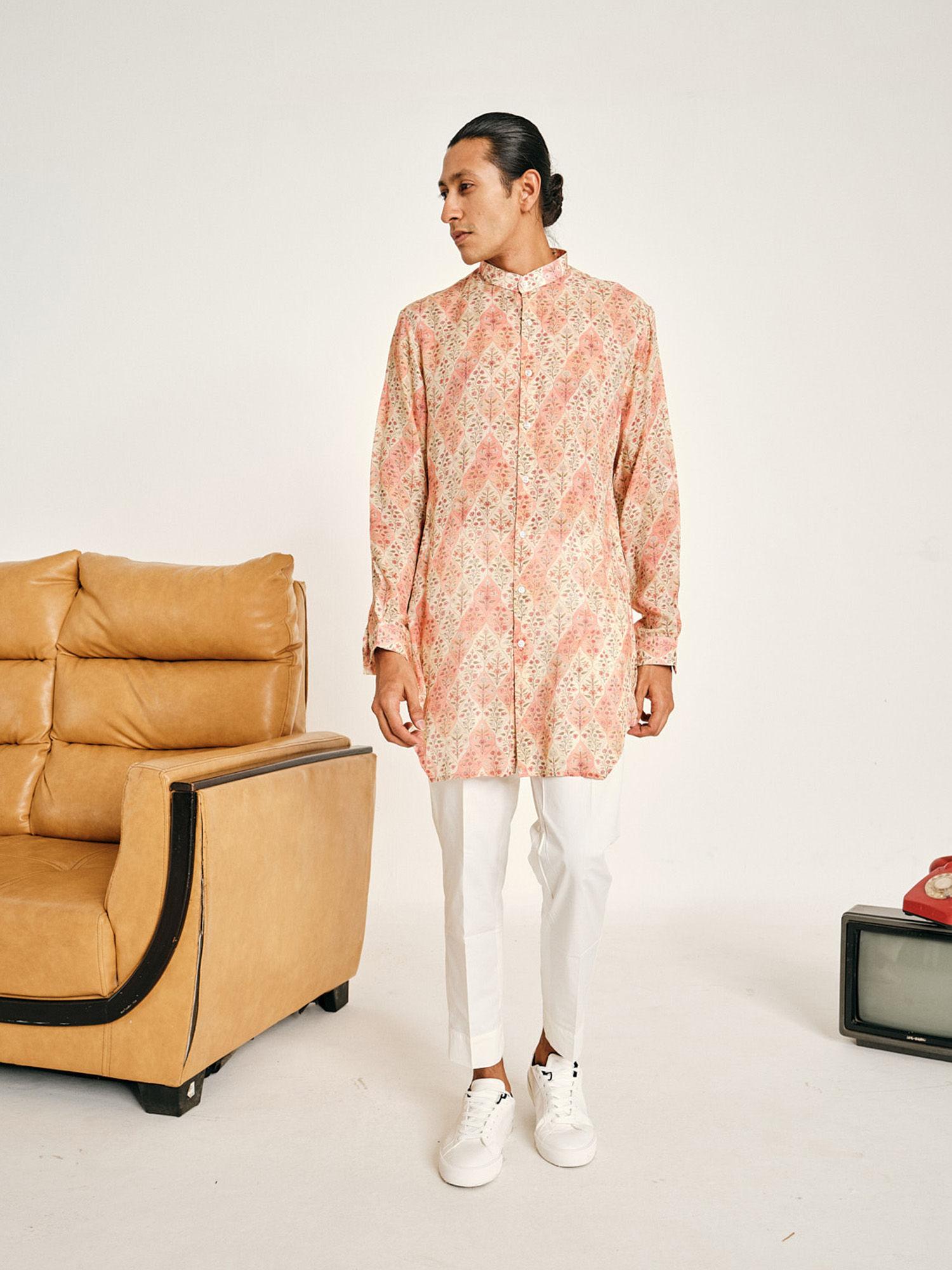 cream and peach gul malai cotton kurta with pajama (set of 2)