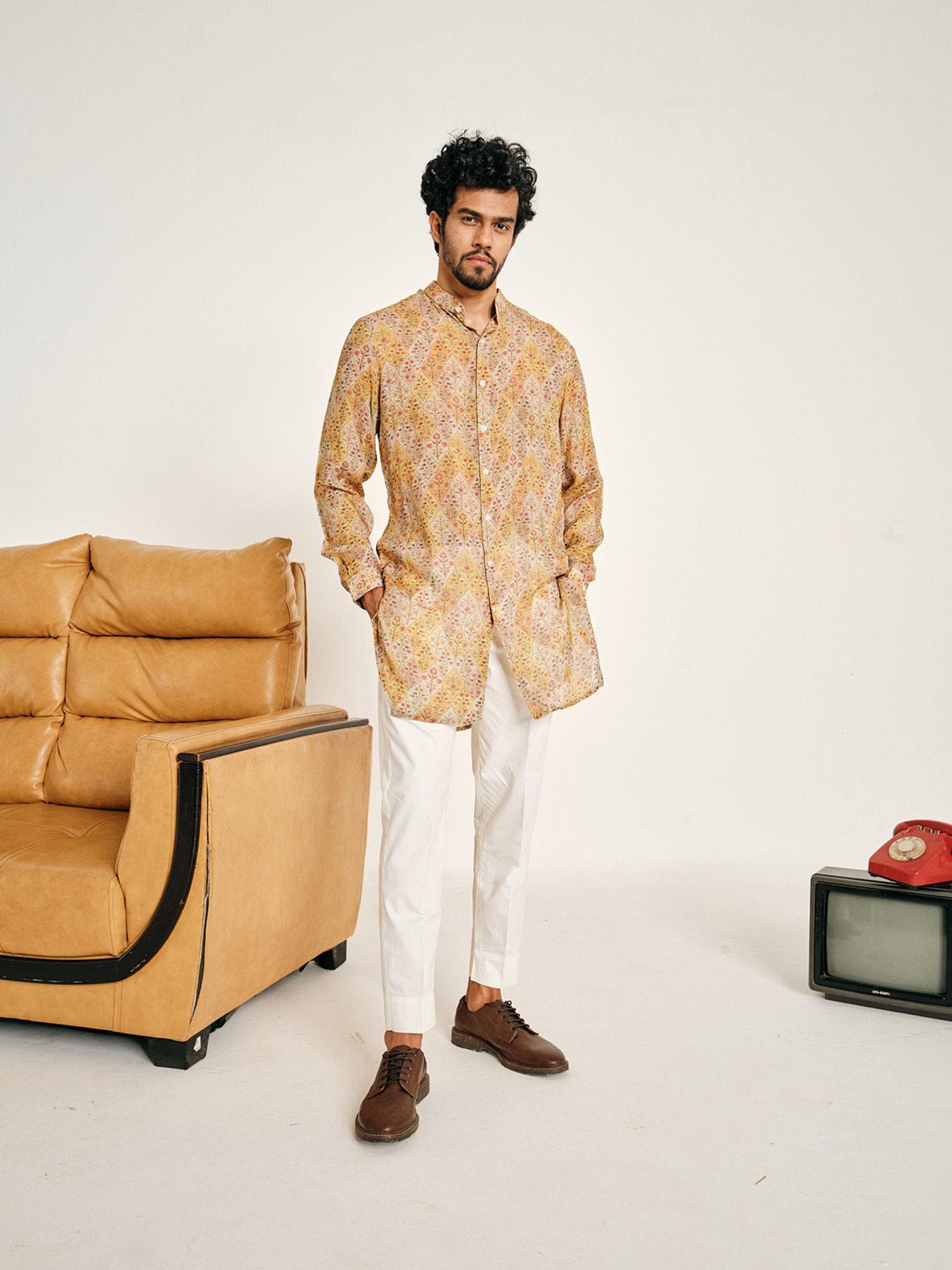cream and yellow gul malai cotton kurta with pajama (set of 2)