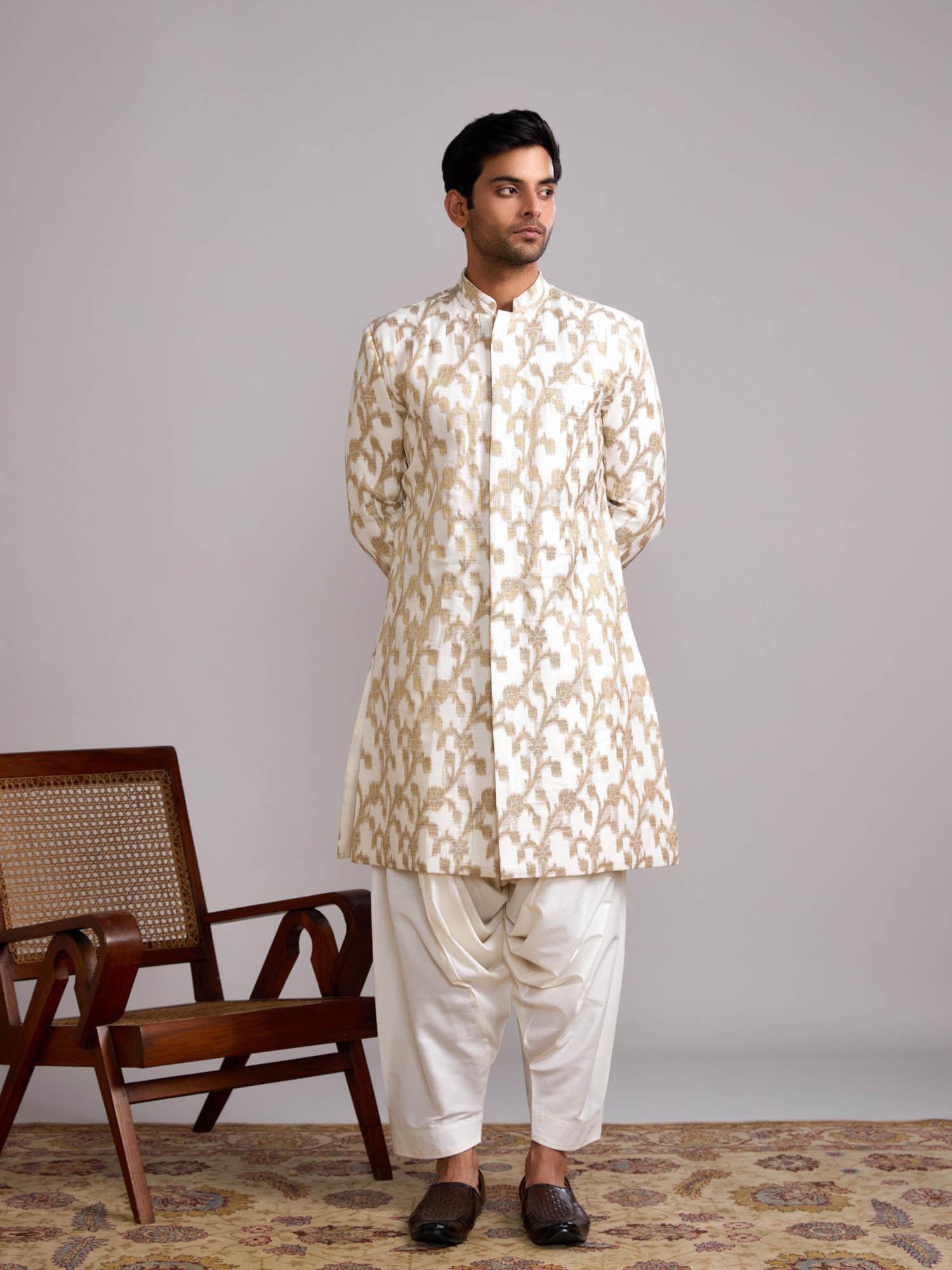 cream banarasi baswada mandarin collar kurta