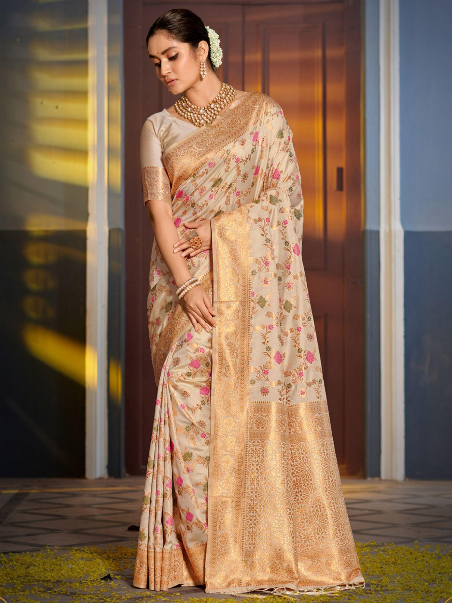 cream banarasi silk woven work traditional tassels saree with unstitched blouse