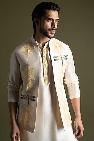 cream bemberg silk applique motifs embroidered open nehru jacket