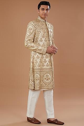 cream blended silk gold zardosi embroidered sherwani