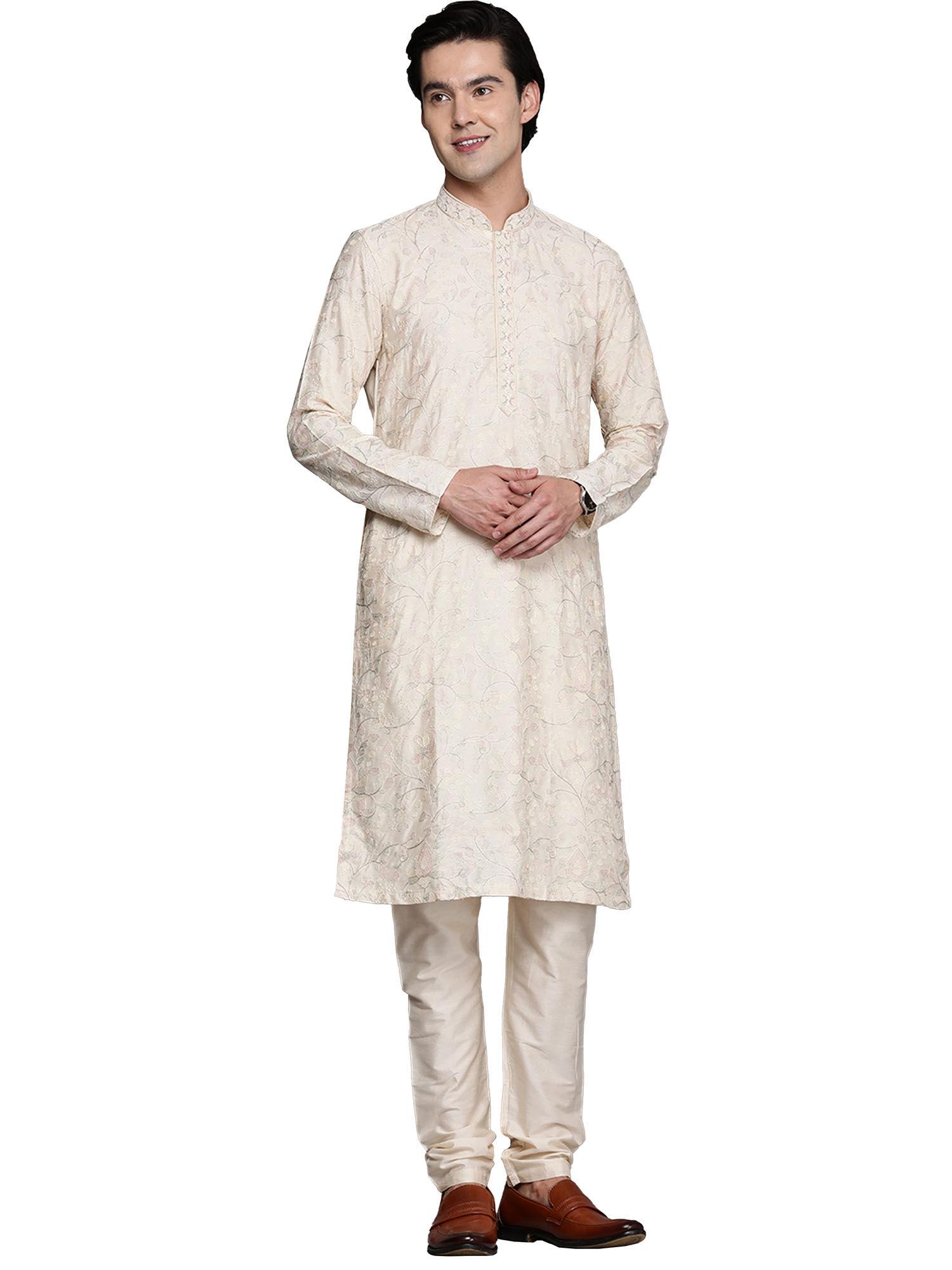 cream blended viscose printed kurta pencil pyjama set (set of 2)