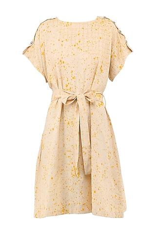 cream block printed knee length dress