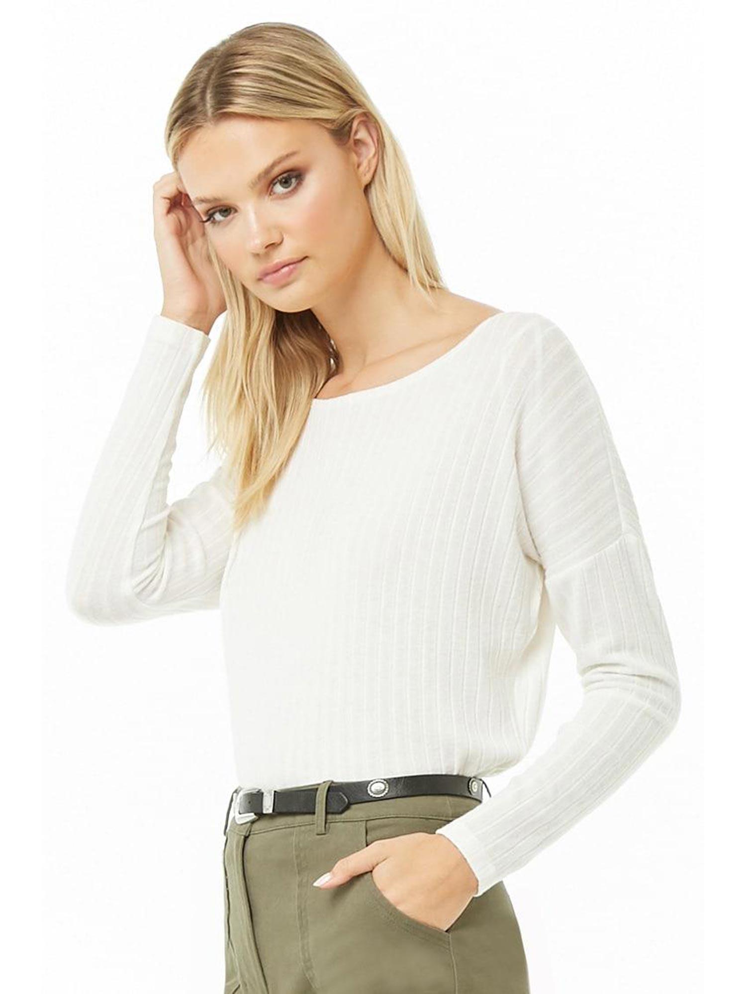 cream brushed ribbed drop-shoulder top