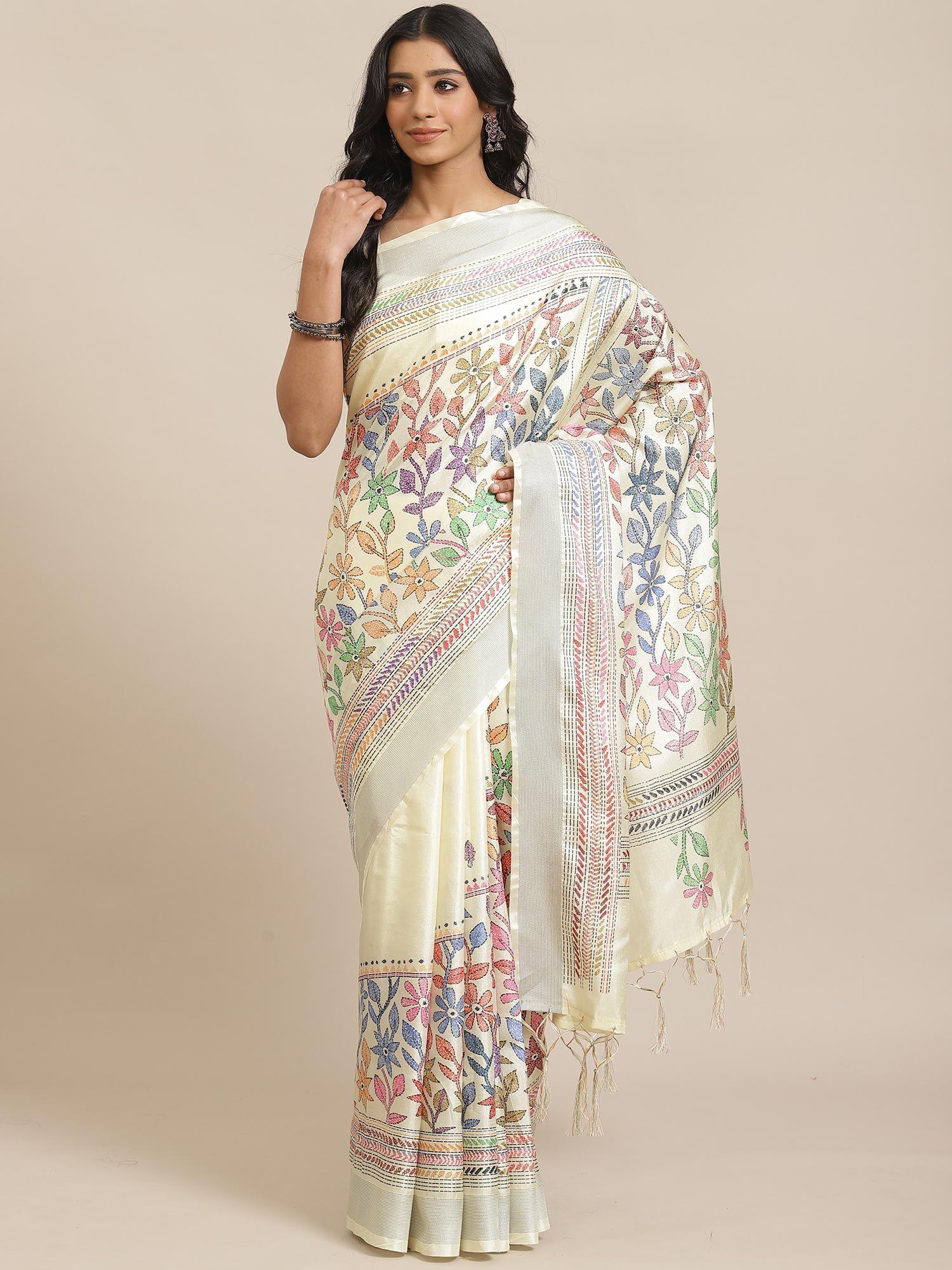cream casual art silk printed saree with unstitched blouse