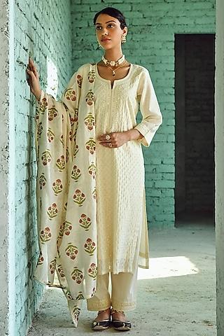 cream chanderi embroidered kurta set