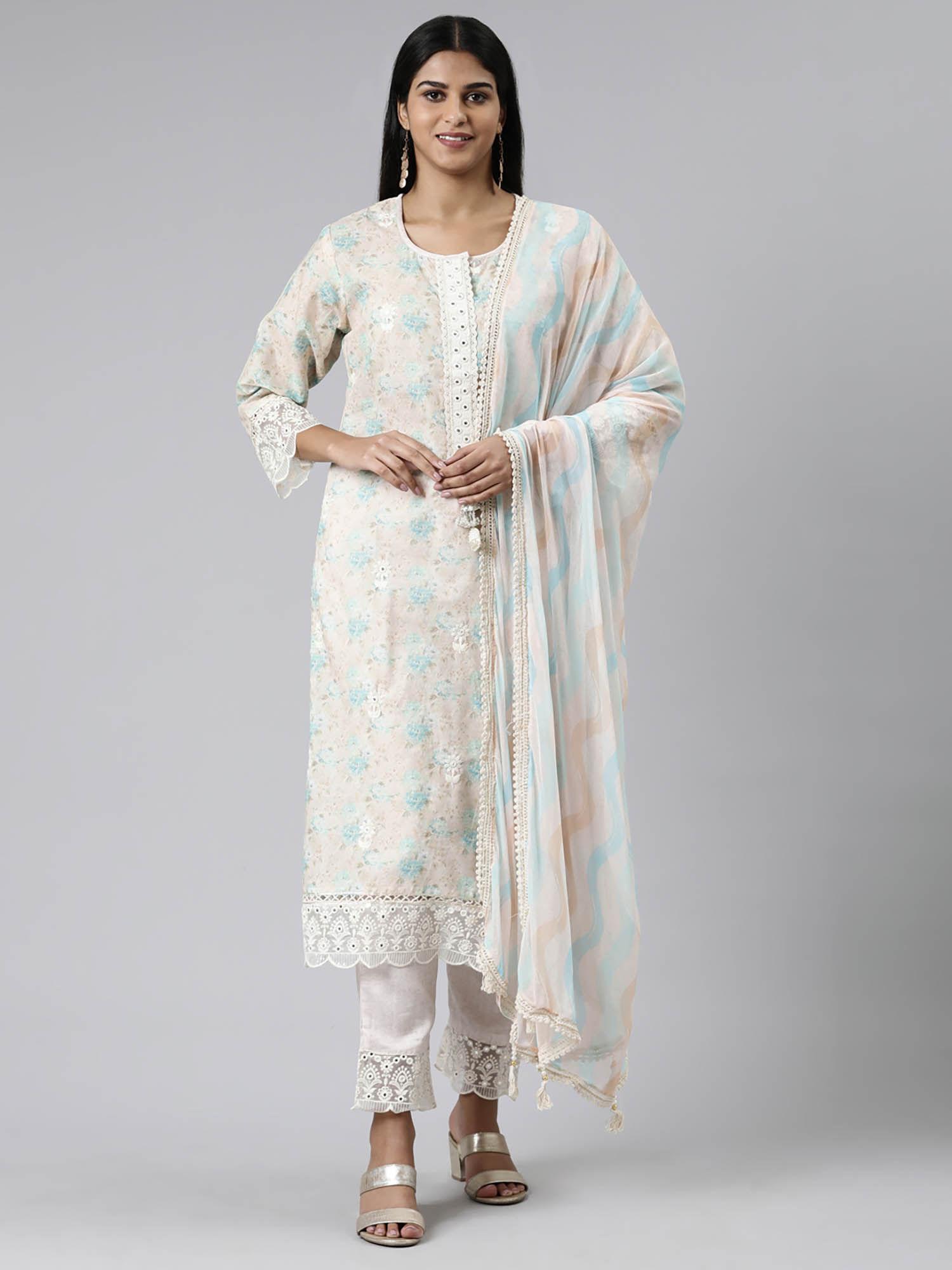 cream chanderi floral round neck kurta with pant & dupatta (set of 3)