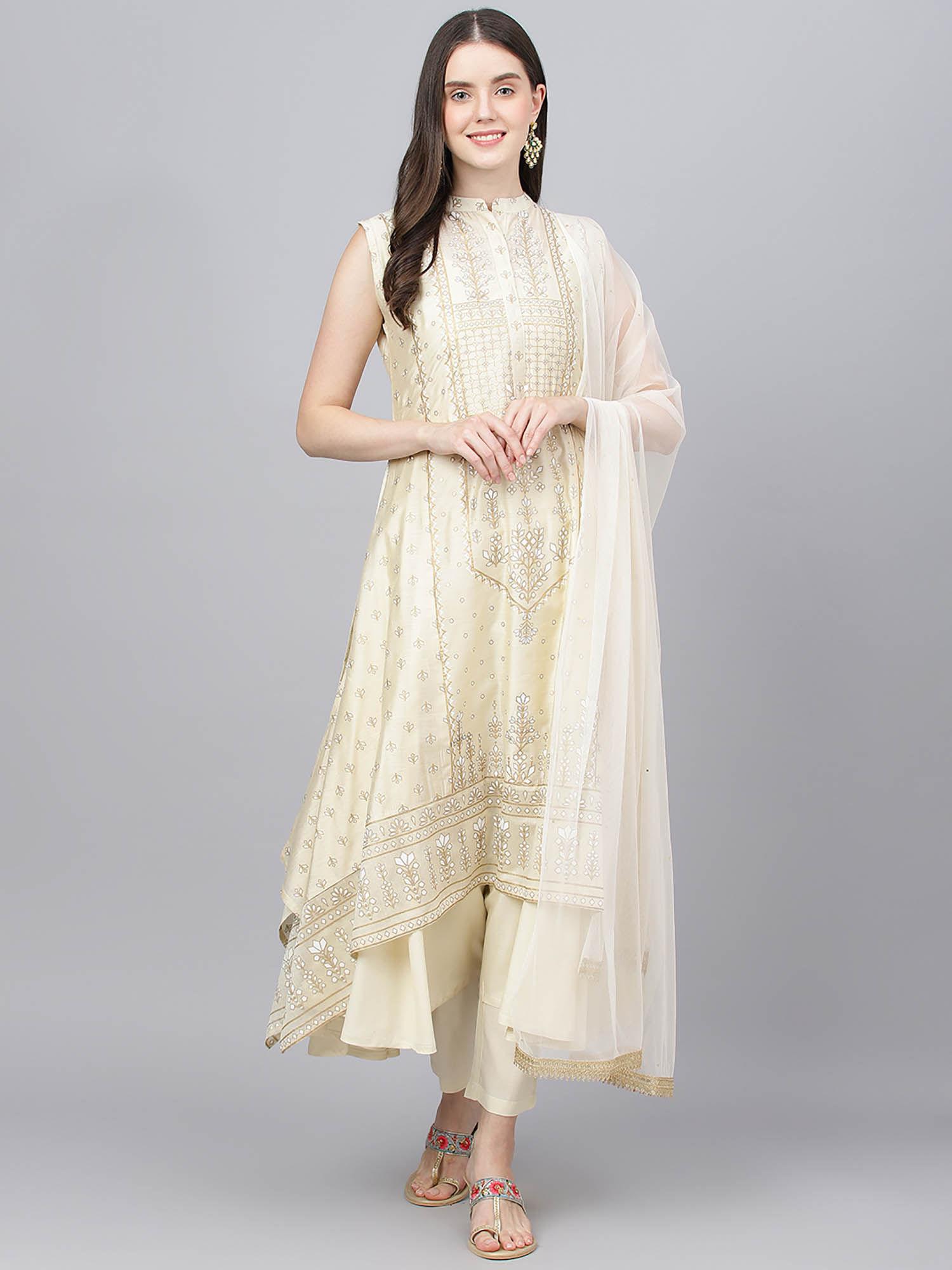 cream chanderi kurta pant with net dupatta (set of 4)