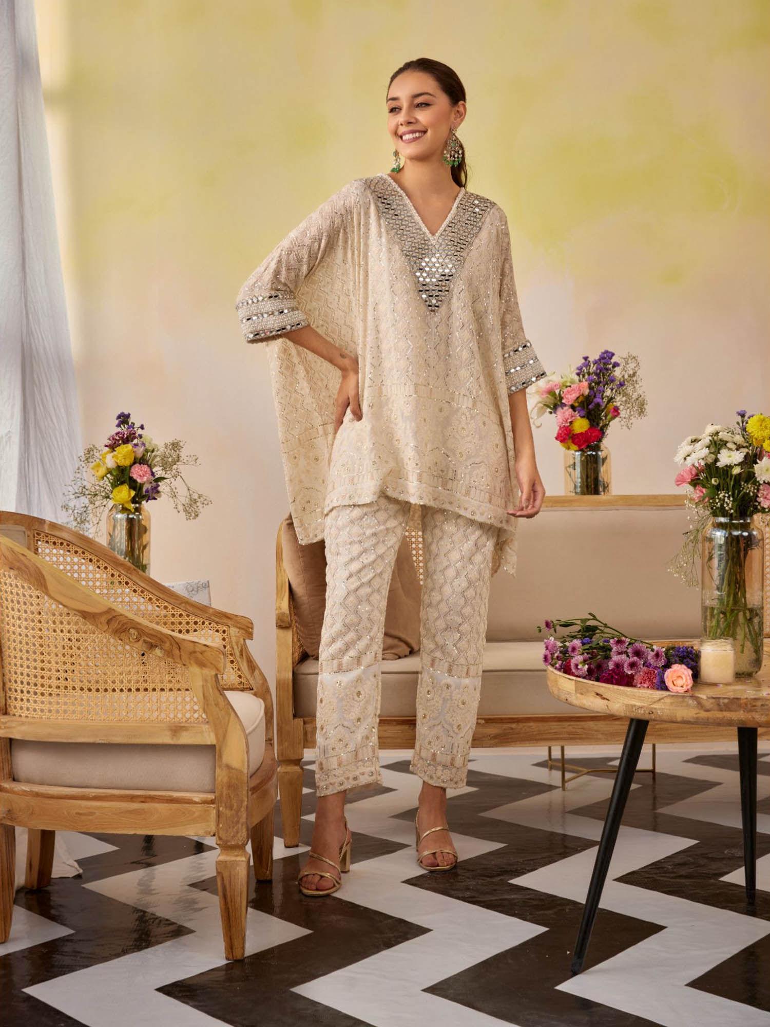 cream chic chikankari embroidered kaftan tunic co-ord (set of 3)