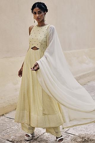 cream chinon embroidered anarkali set