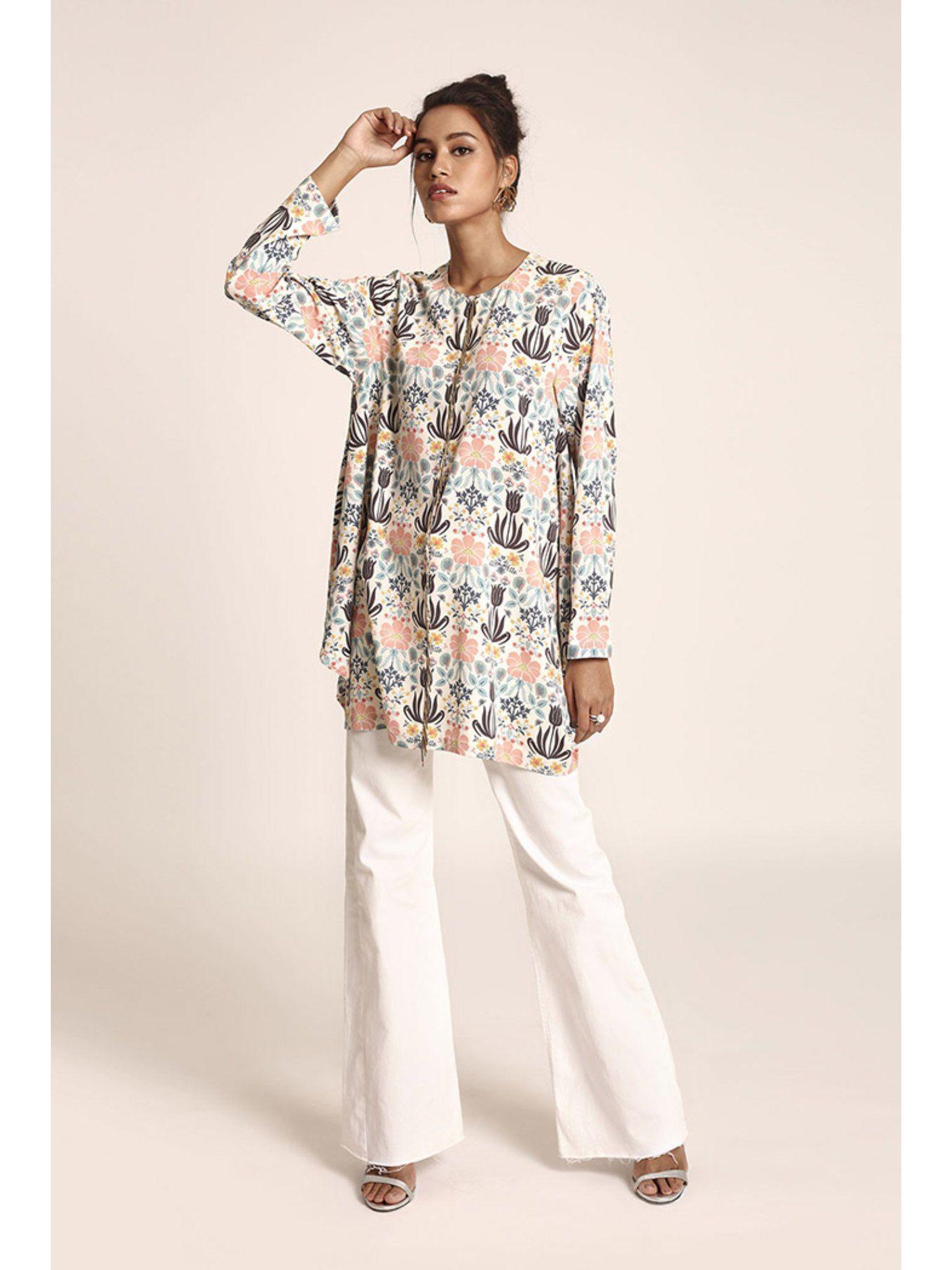 cream colour printed art crepe tunic