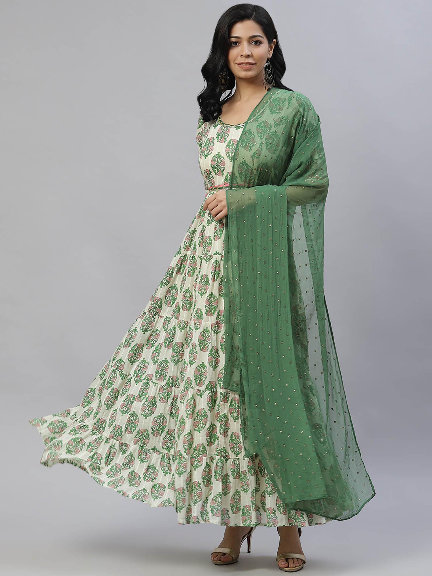 cream-coloured & green floral ethnic maxi dress with dupatta (set of 2)