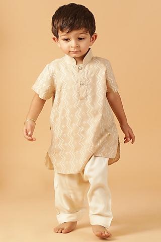 cream cotton bandhani printed kurta set for boys