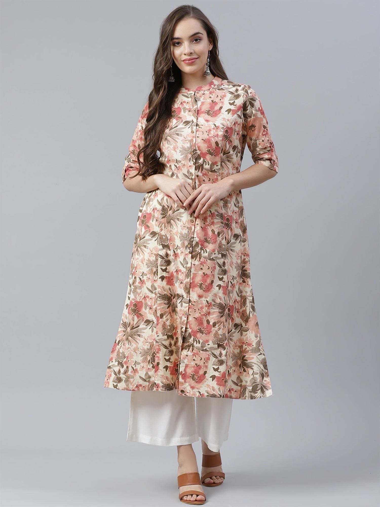 cream cotton floral print kurta