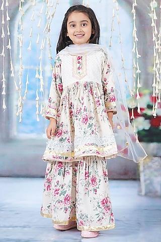 cream cotton floral printed sharara set for girls