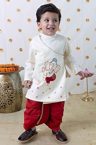 cream cotton ganesha embroidered kurta set for boys