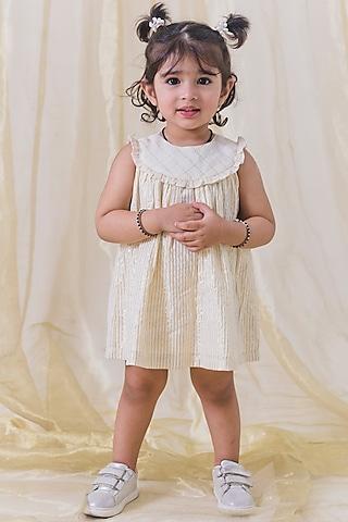 cream cotton lurex stripes printed dress for girls