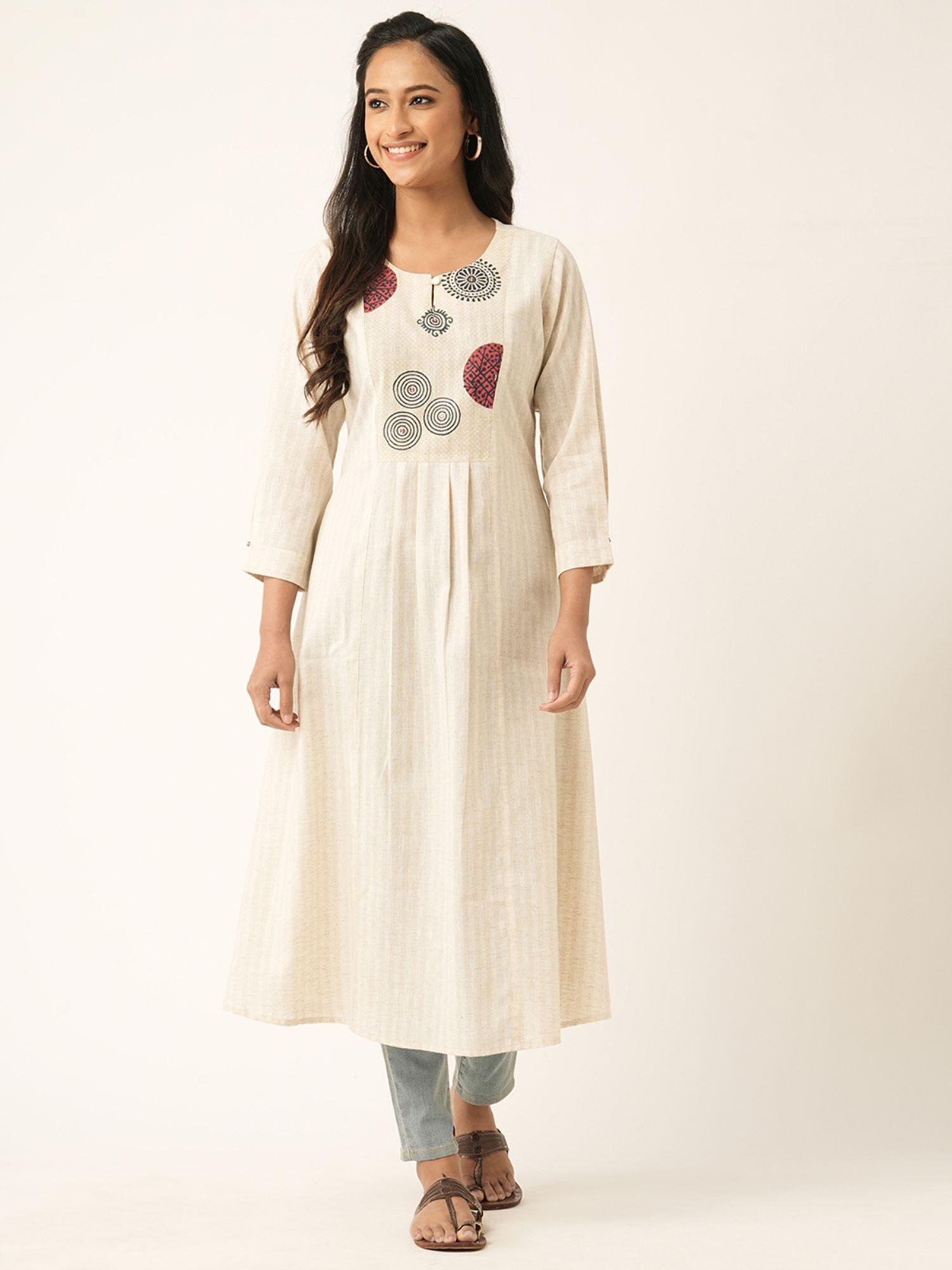 cream cotton printed stitched kurta for women