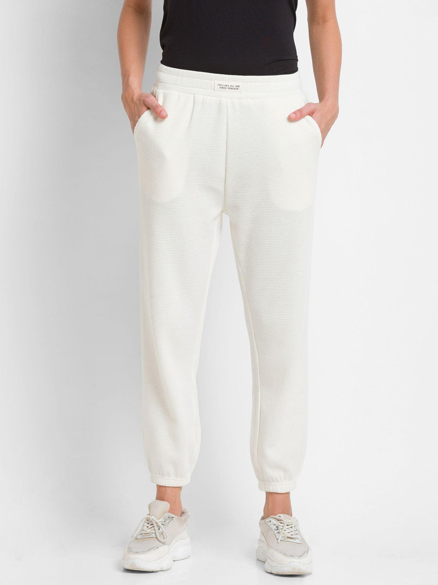 cream cotton regular fit trackpants for women