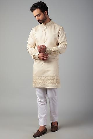 cream cotton silk applique embroidered kurta set for boys