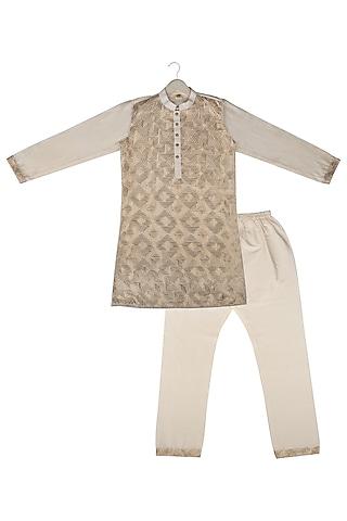 cream cotton silk embroidered kurta set for boys