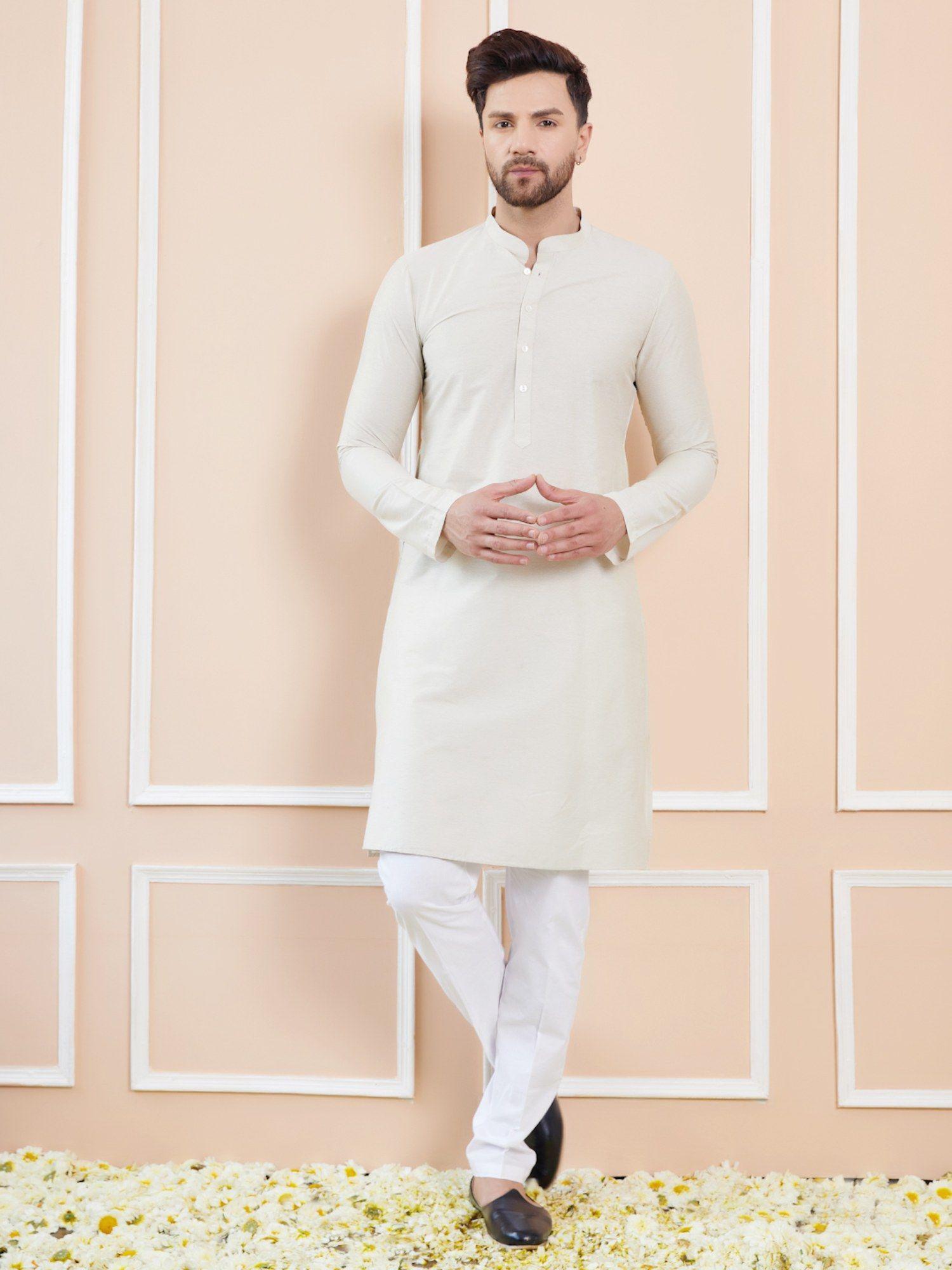 cream cotton solid straight kurta with pyjama (set of 2)