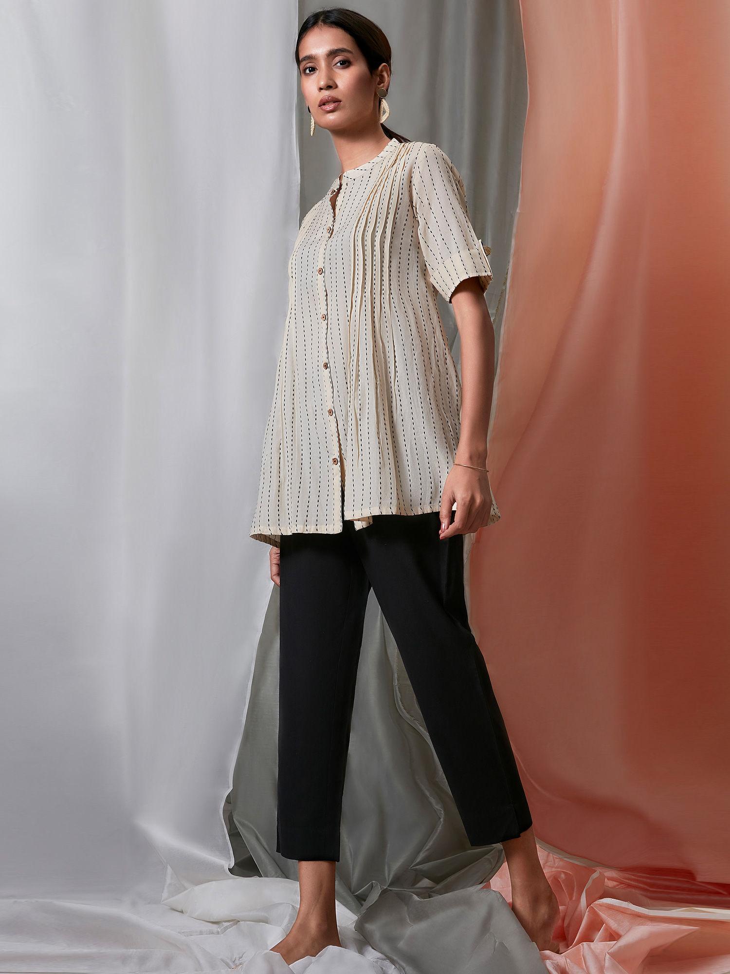 cream cotton striped pleated top