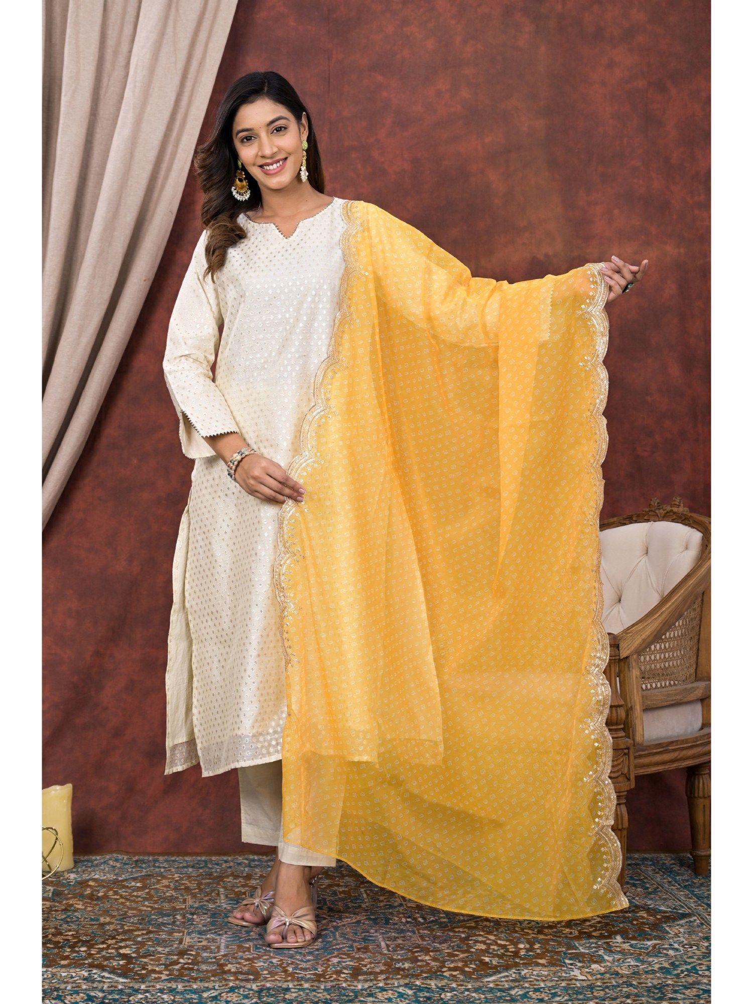 cream cotton woven chanderi kurta with pant and yellow embellished dupatta (set of 3)