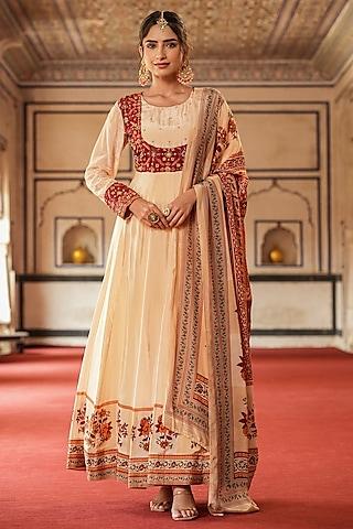 cream crepe silk floral printed & embellished anarkali set