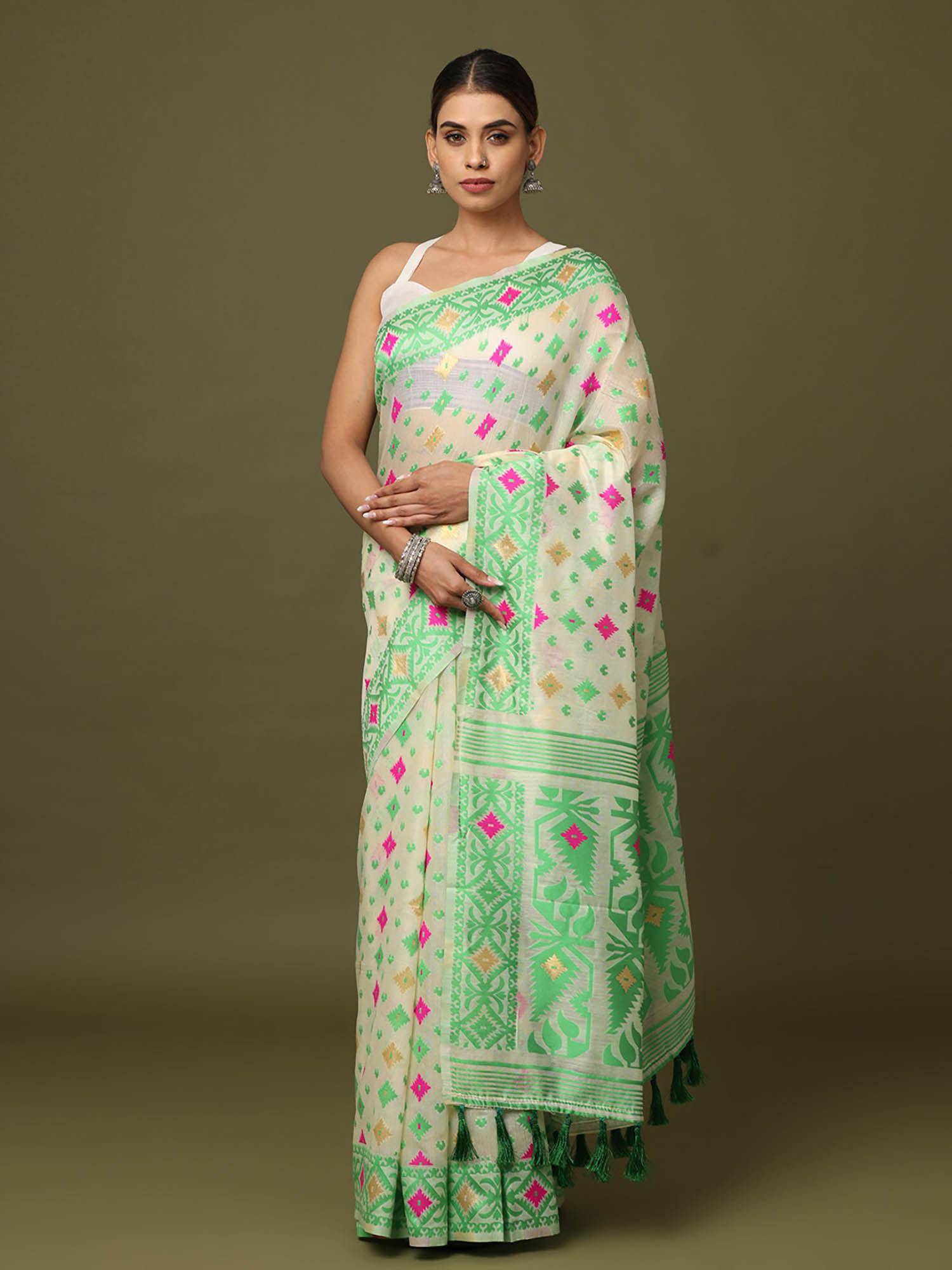 cream dhakai jamdani saree with unstitched blouse