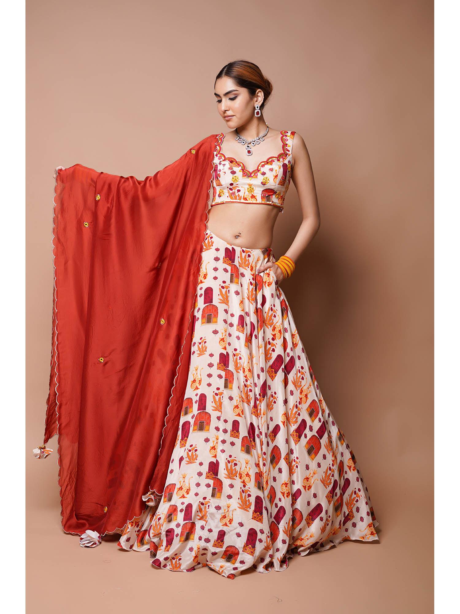 cream digital print lehenga blouse with dupatta (set of 3)