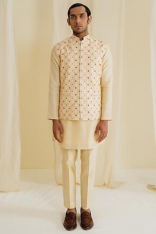 cream dupion silk digital printed bundi jacket with kurta set